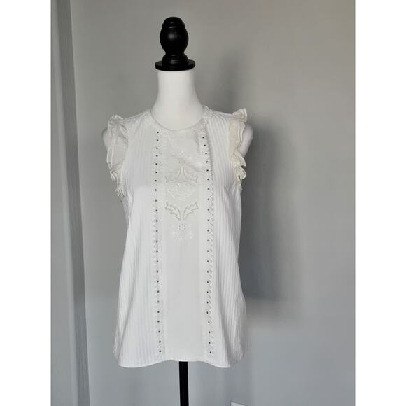 Coach 1941 Studded Cottagecore Boho White Sleeveless Ruffled Arm Blouse Sz 8 - Picture 8 of 8